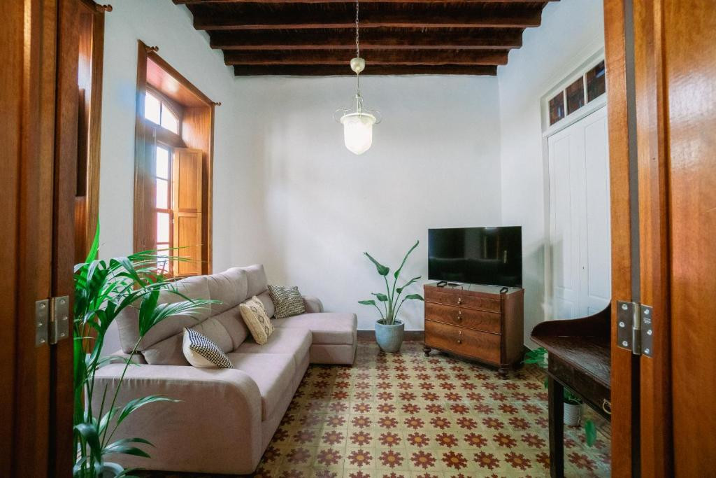 Salon avec canapé beige, télévision et plantes à Tenerife.