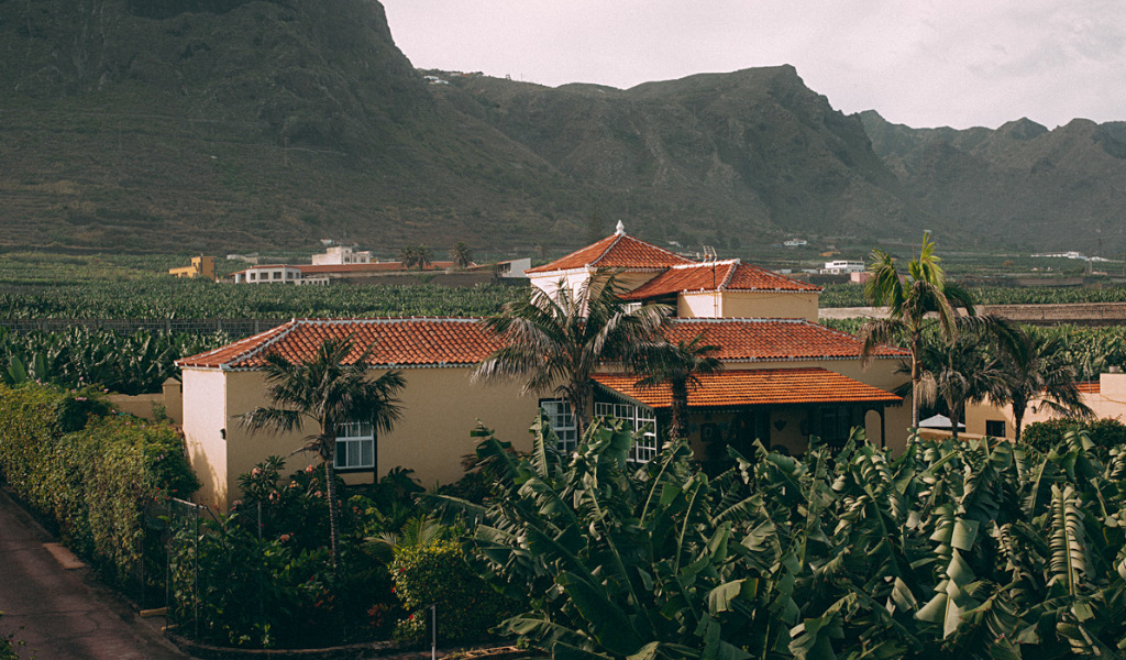 Maison entourée de bananeraies à La Orotava, Tenerife, avec montagnes en arrière-plan.