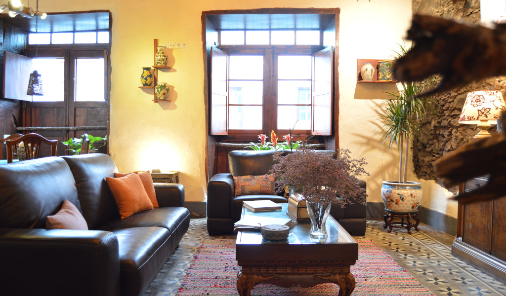 Salon confortable avec canapé, plantes et fenêtre lumineuse à Tenerife.