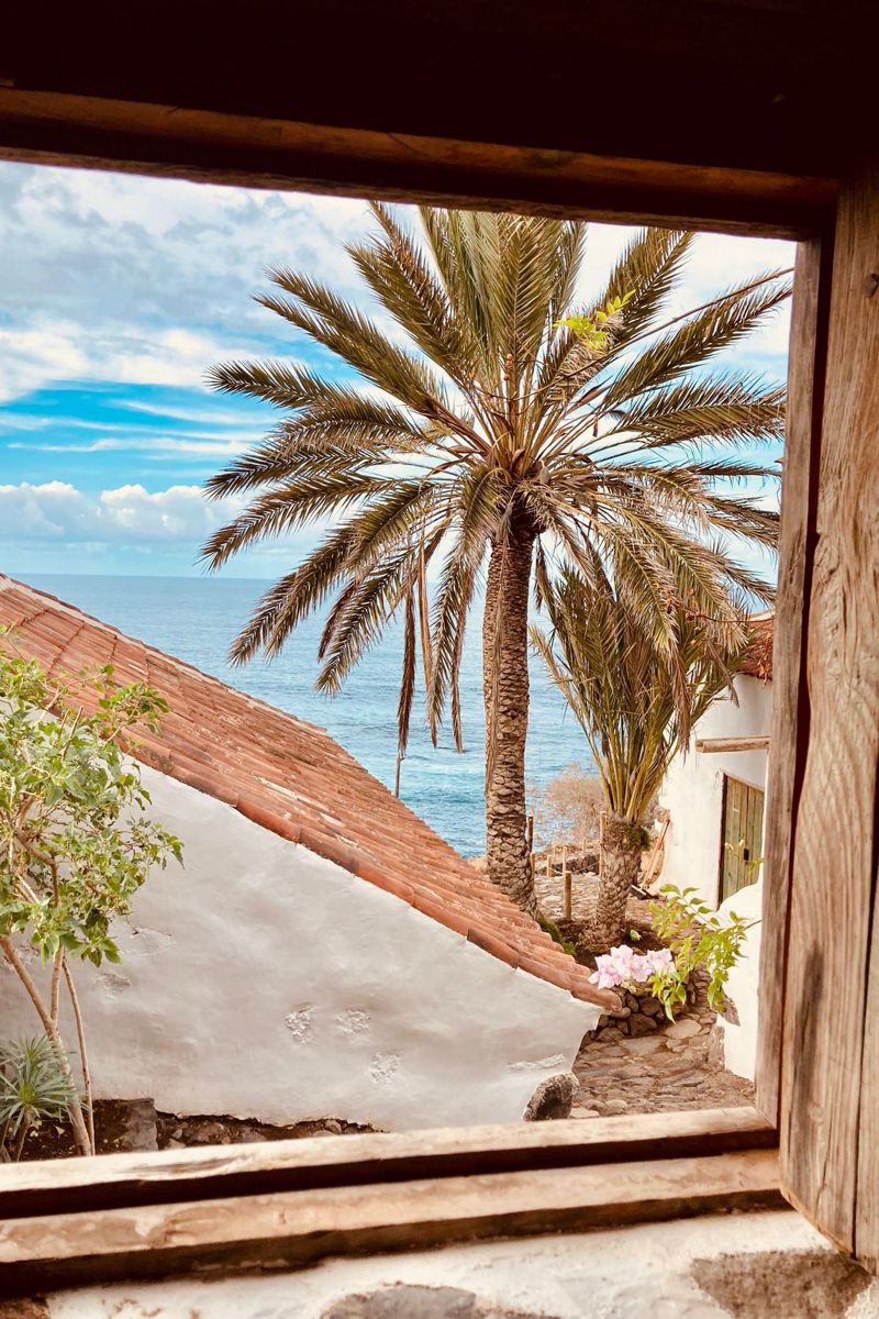 Toit de maison à Tenerife avec palmier et vue sur la mer par la fenêtre.