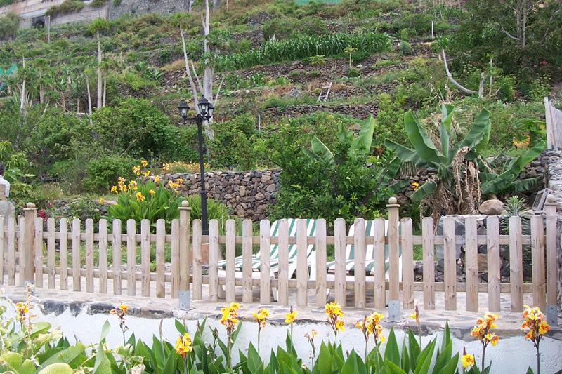 Jardin en terrasses avec clôture et fleurs à Tenerife.