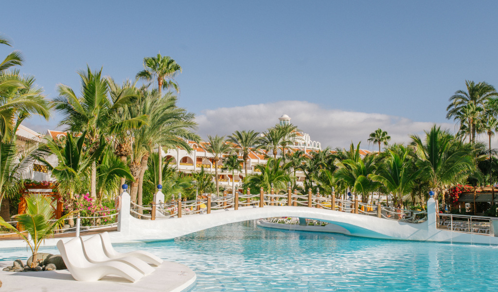 Pont et piscine entourés de palmiers à Tenerife.