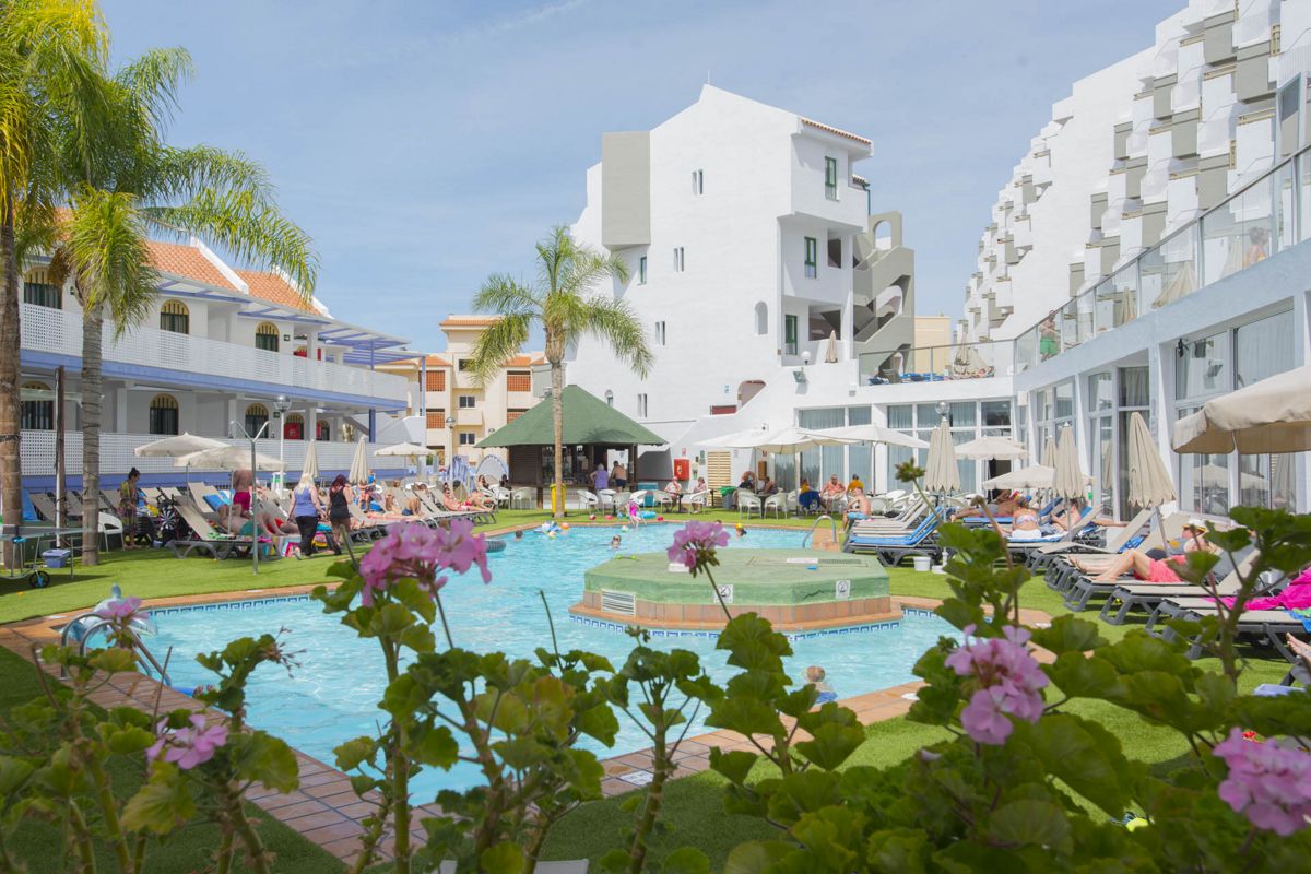 Piscine avec chaises longues et palmiers à Tenerife.
