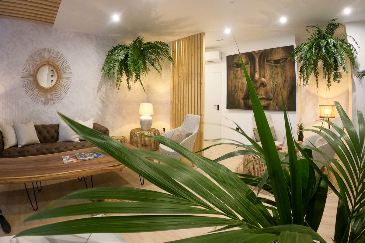 Salon avec canapé, fauteuil, miroir, tableau et plantes à Tenerife.