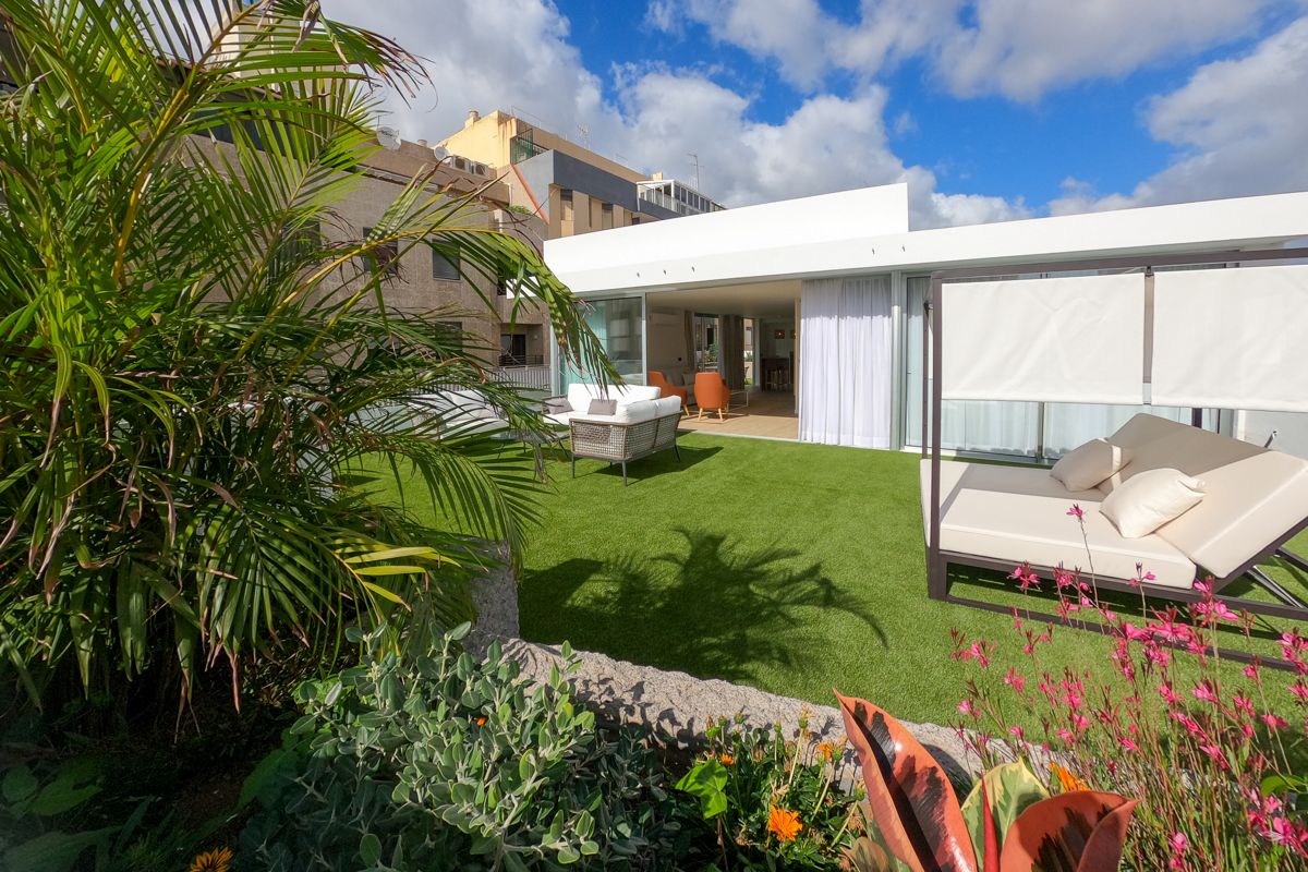 Terrasse avec chaises longues et plantes à Tenerife par ciel bleu.