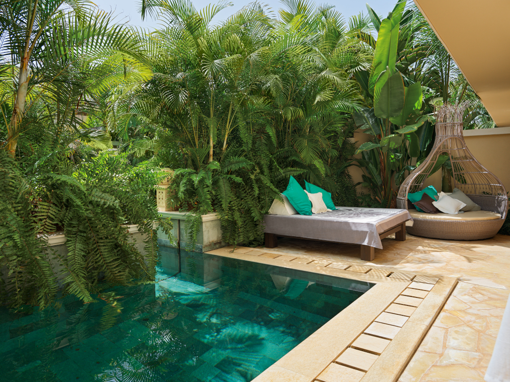 Piscine entourée de plantes exotiques à Tenerife avec chaise longue et canapé.