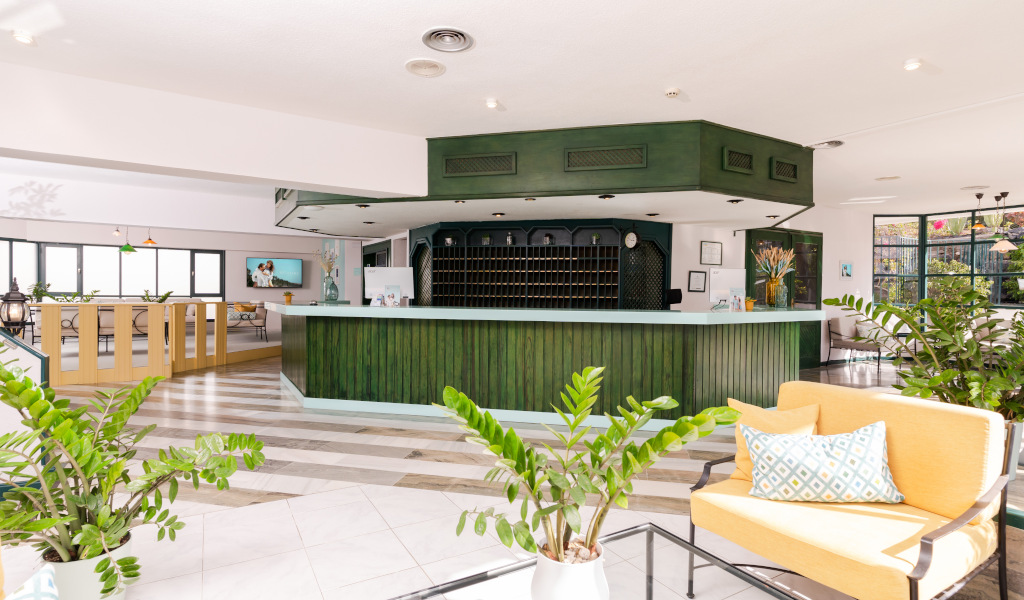 Réception d'hôtel à Tenerife avec comptoir vert et plantes.
