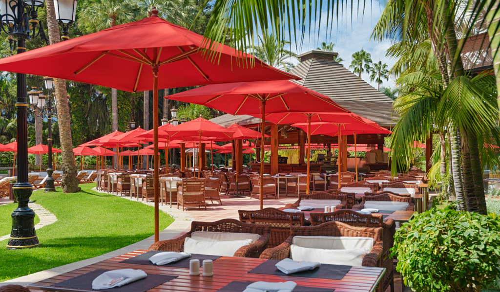 Terrasse de café avec parasols rouges et palmiers à Tenerife.