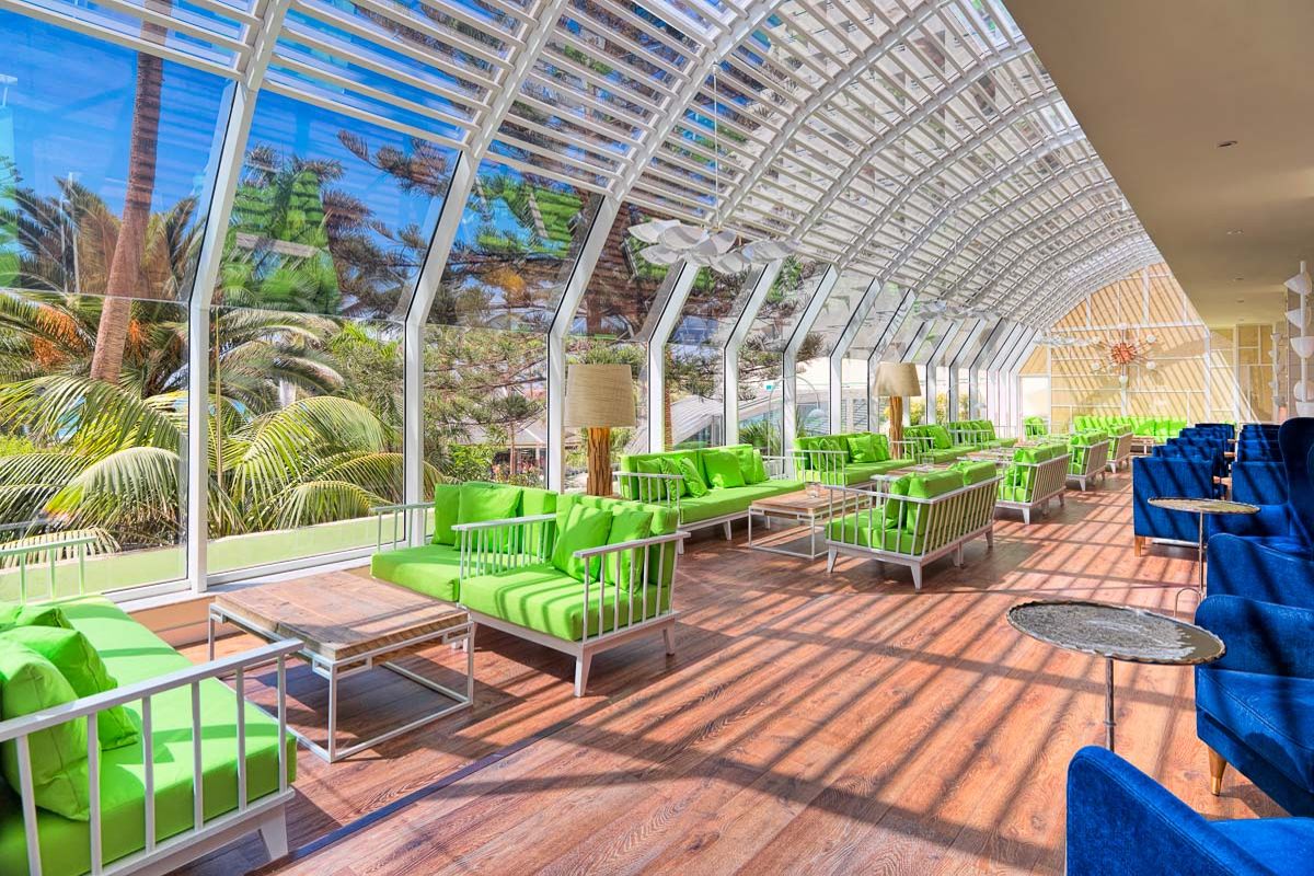 Salon lumineux avec canapés verts et vue sur palmiers à Tenerife.