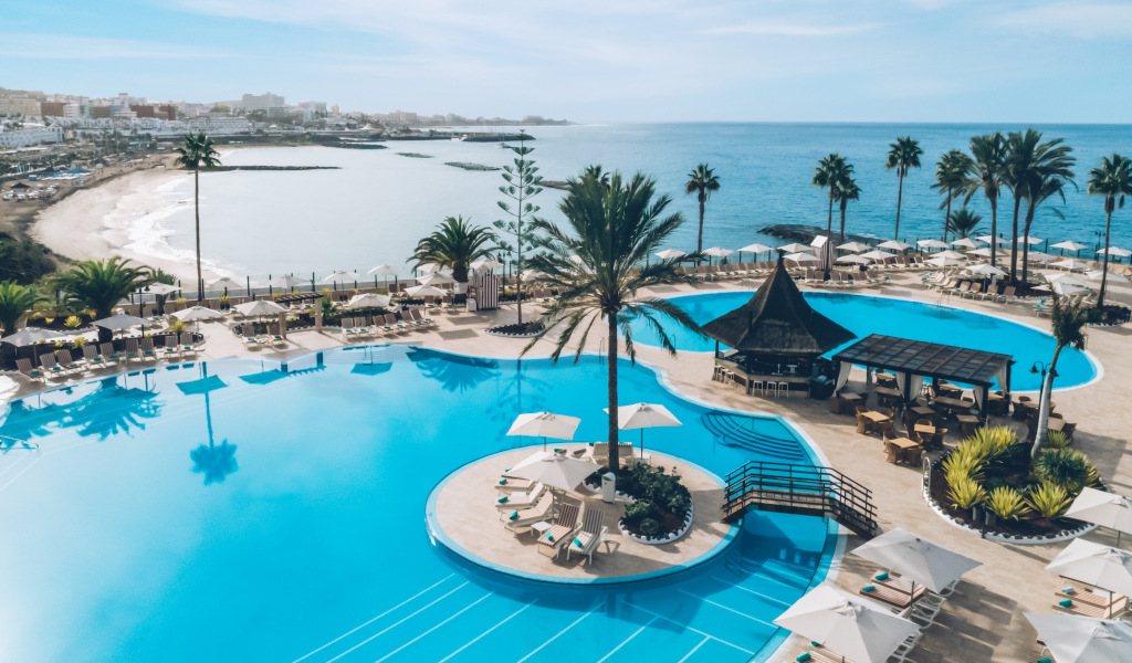 Piscine vue mer à Tenerife avec palmiers et plage.