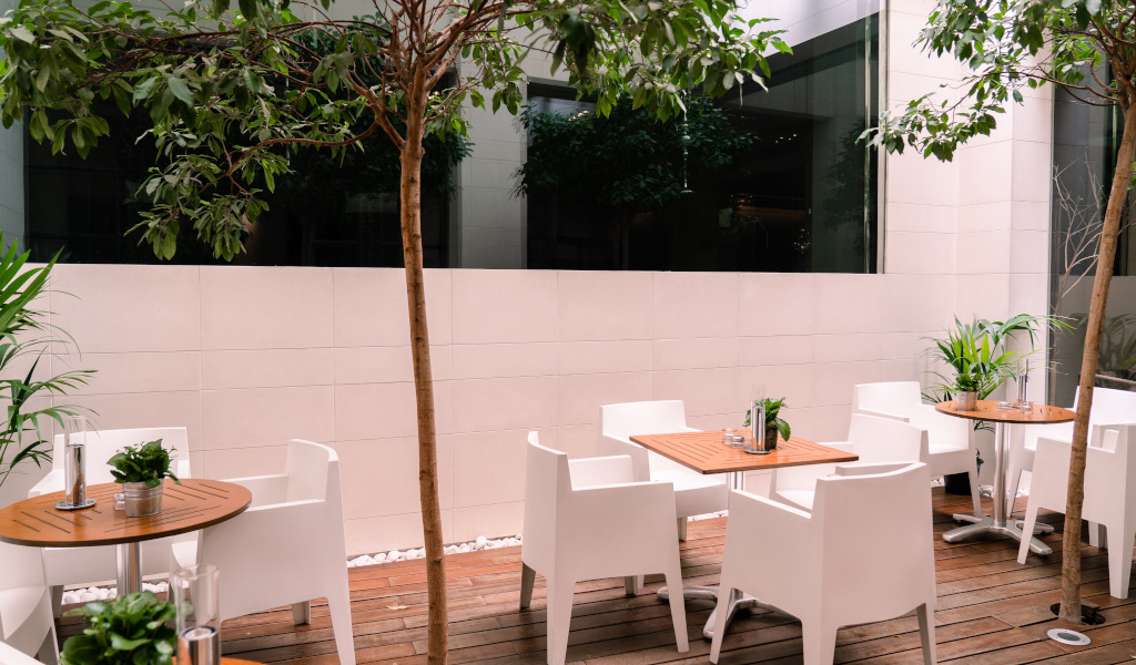 Terrasse avec tables et chaises blanches entourées d'arbres à Tenerife.