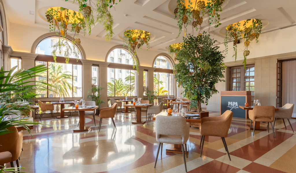 Restaurant lumineux avec tables et plantes suspendues à Tenerife.
