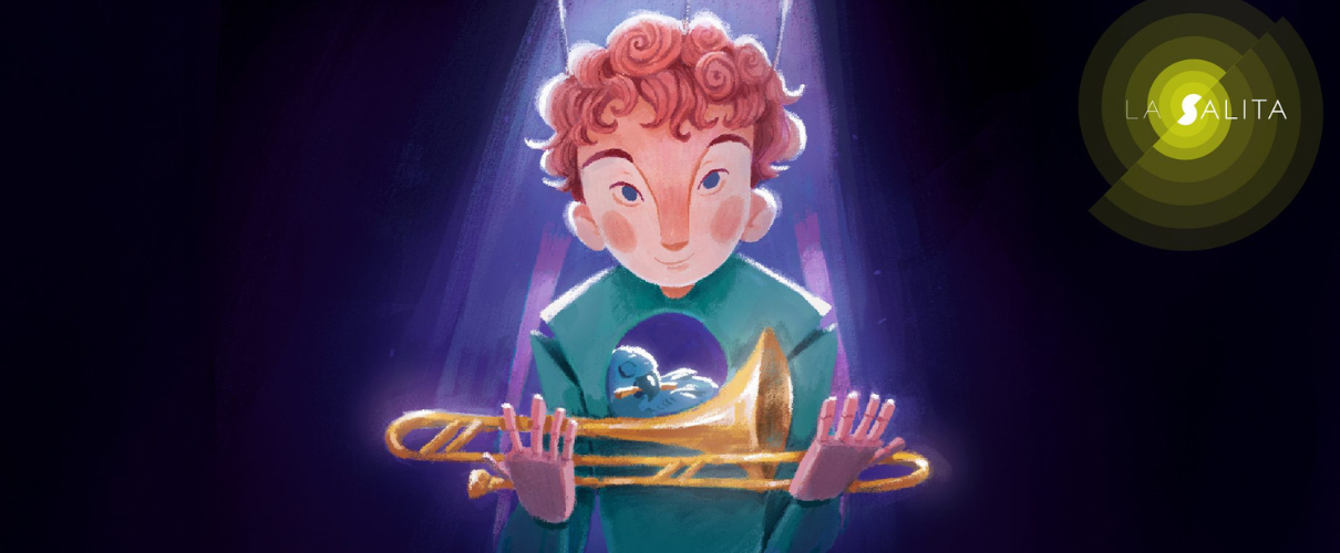 Jeune tenant un trombone avec un oiseau; texte visible: La Salita.