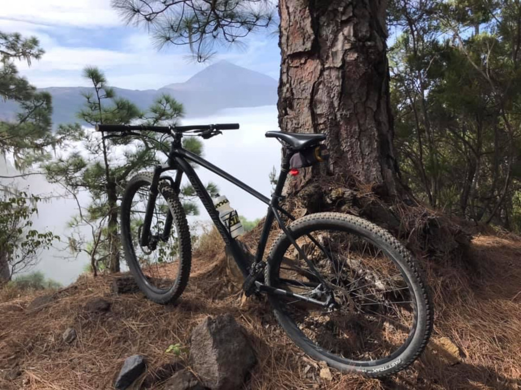 Vélo de montagne noir sur un sentier boisé à Tenerife avec vue sur le Teide.