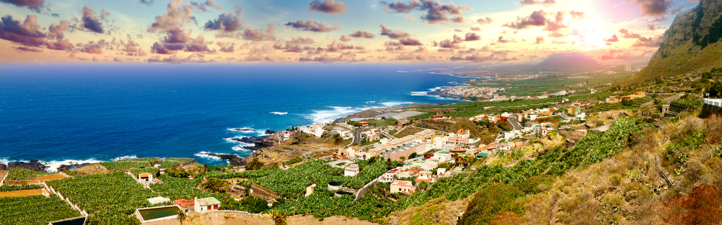 Vue sur la côte nord de Tenerife, avec océan, maisons et champs verdoyants.
