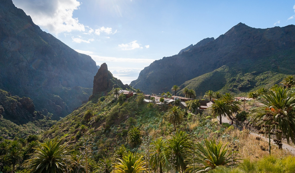 Vallée et village à Masca, Tenerife, entourés de montagnes et de végétation.
