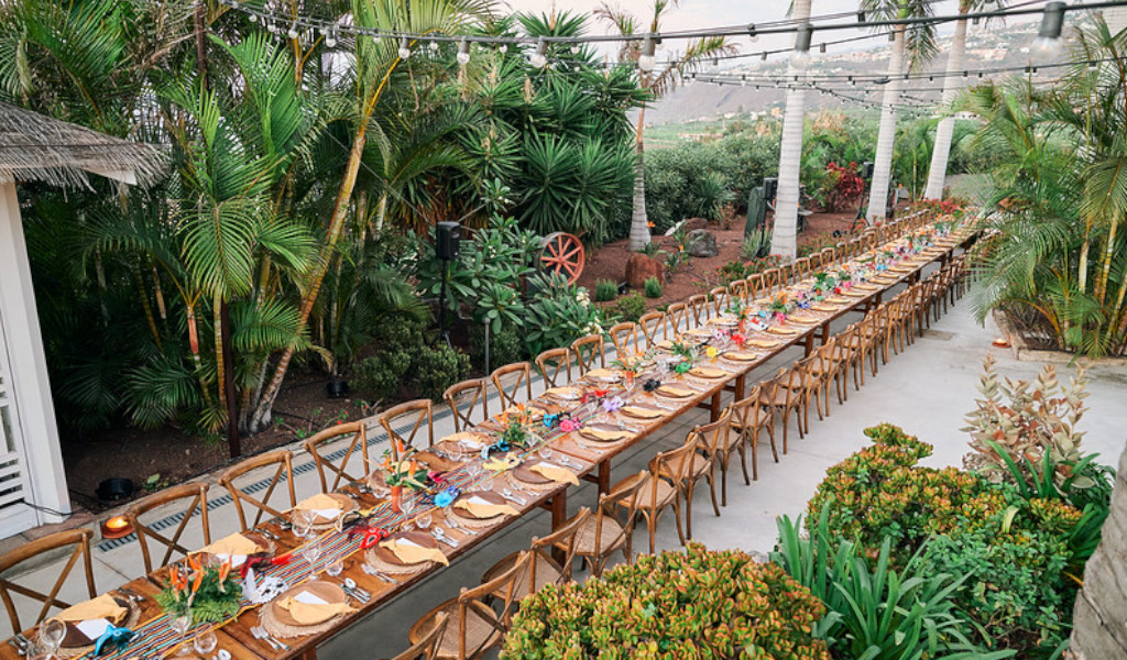 Longue table décorée pour les événements en plein air à Tenerife, entourée de palmiers et de végétation.