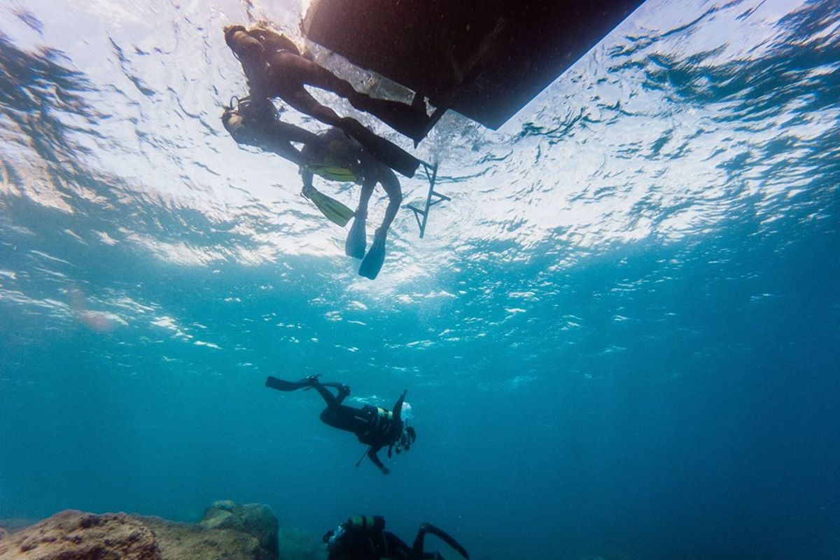 Des plongeurs explorant la mer sous un bateau à Tenerife.