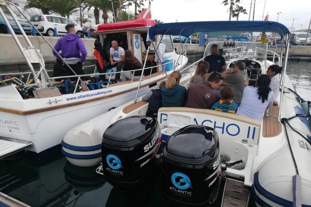 Groupe de personnes sur un bateau touristique à Tenerife, avec des moteurs Suzuki et le logo Atlantic Eco Diving.
