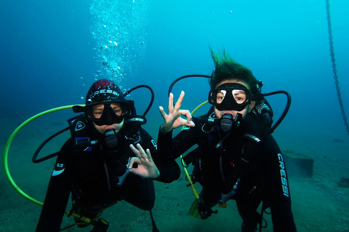 Deux plongeurs font un signe correct sous l’eau à Tenerife.