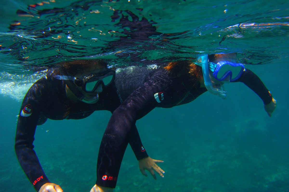 Deux personnes faisant du snorkeling dans les eaux de Tenerife.