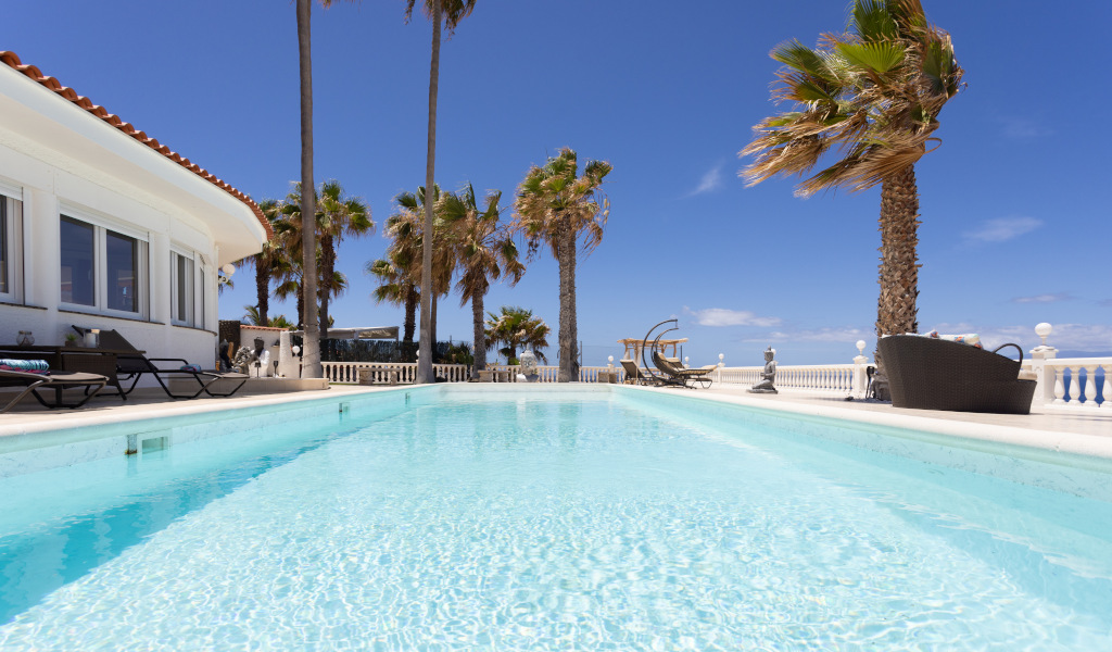 Piscine extérieure avec palmiers à Tenerife sous un ciel dégagé.