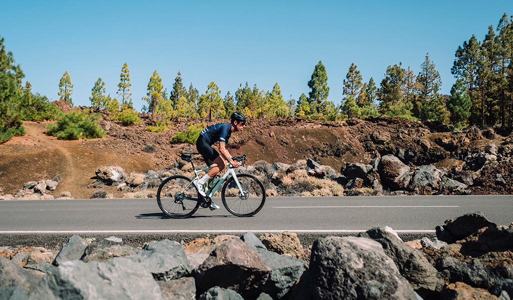 Cycliste sur la route entouré d’arbres et de rochers à Tenerife.