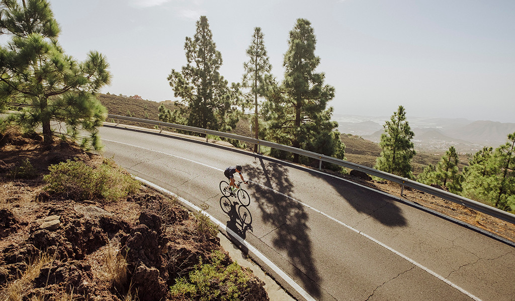 Cycliste descendant une route à Tenerife entre les pins et le paysage montagneux.