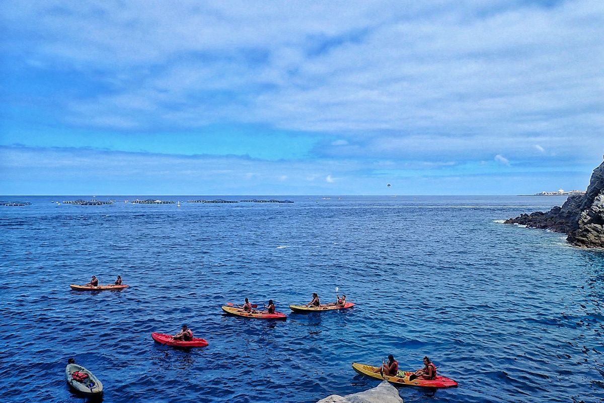 Plusieurs personnes font du kayak sur la côte de Tenerife sous un ciel partiellement nuageux.