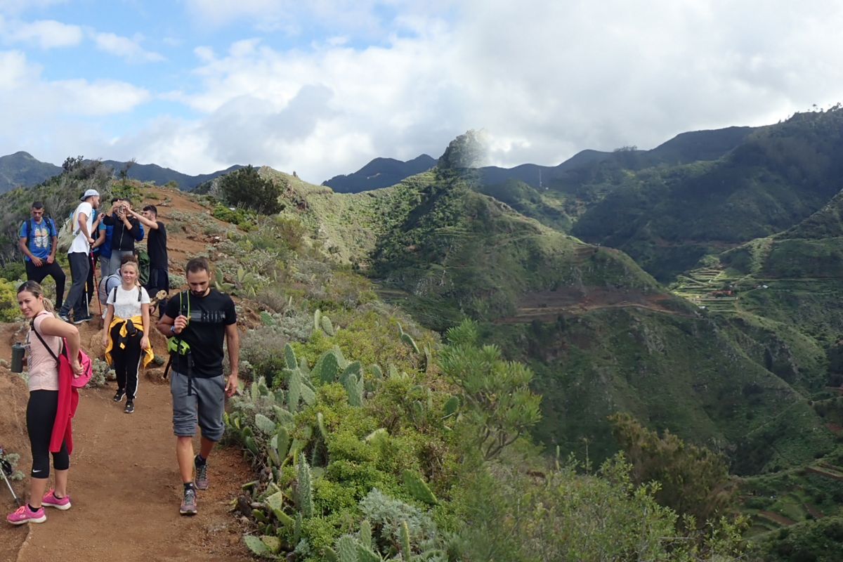 Sentier avec des personnes qui marchent dans le parc rural d’Anaga, à Tenerife. Des montagnes en arrière-plan.