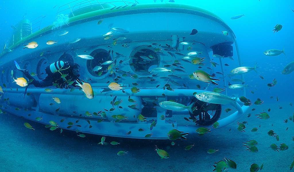 Sous-marin entouré de poissons et de plongeurs sur le fond marin de Tenerife.