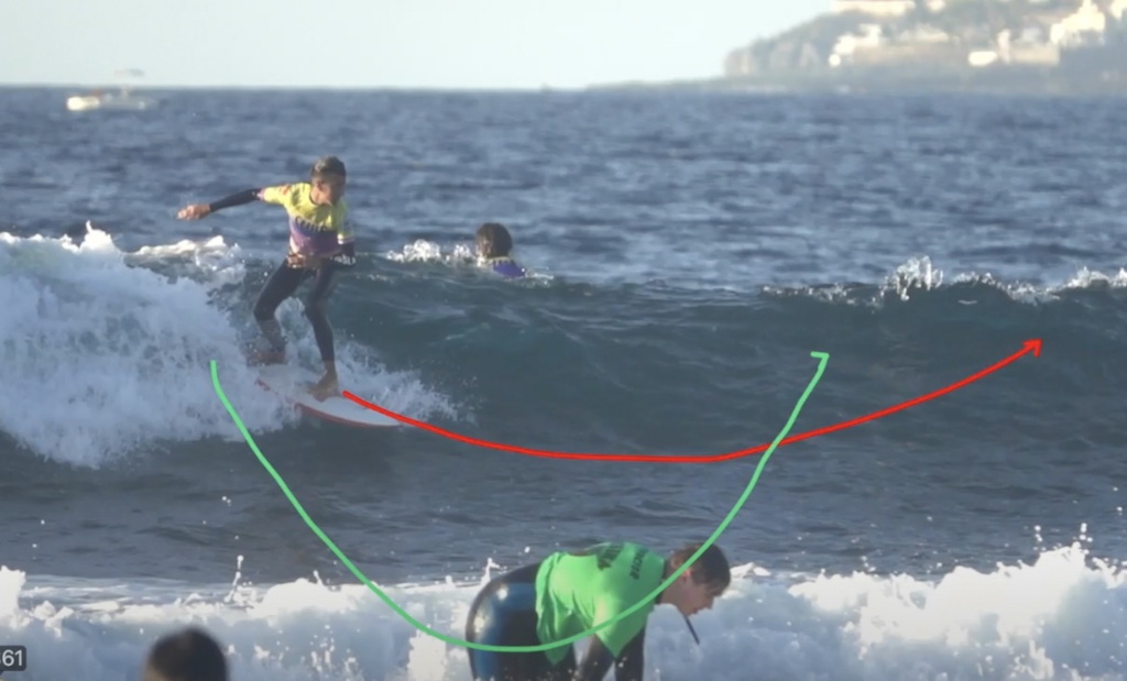 Surfeur surfant une vague sur la côte de Tenerife, avec deux coups qui se chevauchent.
