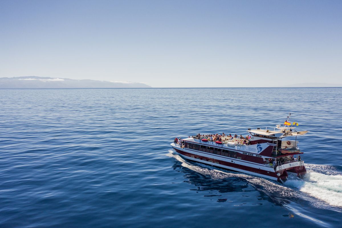 Bateau touristique naviguant près de Tenerife par temps clair.
