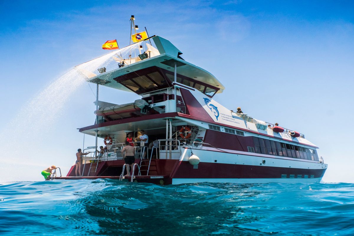Les gens nagent près d’un bateau touristique à Tenerife sous le soleil.