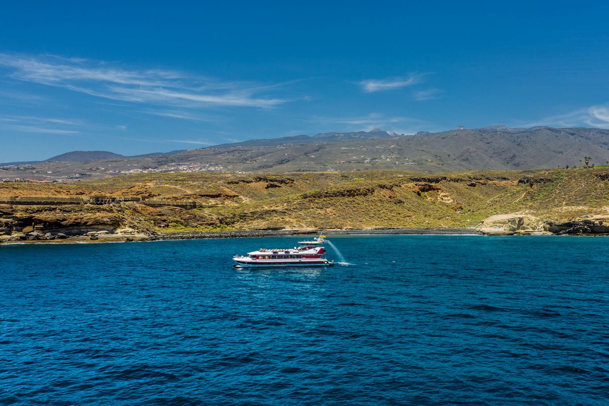 Bateau naviguant près de la côte avec des montagnes en arrière-plan à Tenerife.