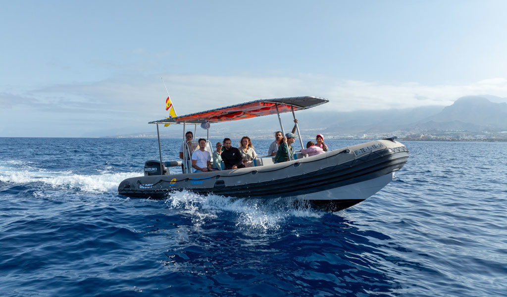 Groupe de personnes sur un bateau pneumatique naviguant près de la côte de Tenerife.