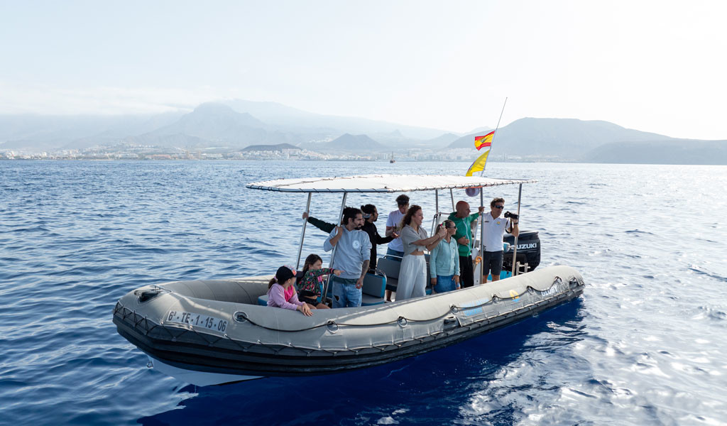 Des gens sur un bateau en mer près de Tenerife, avec des montagnes en arrière-plan.