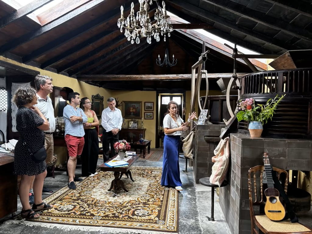 Groupe de personnes dans une salle canarienne traditionnelle à Tenerife, écoutant une explication.