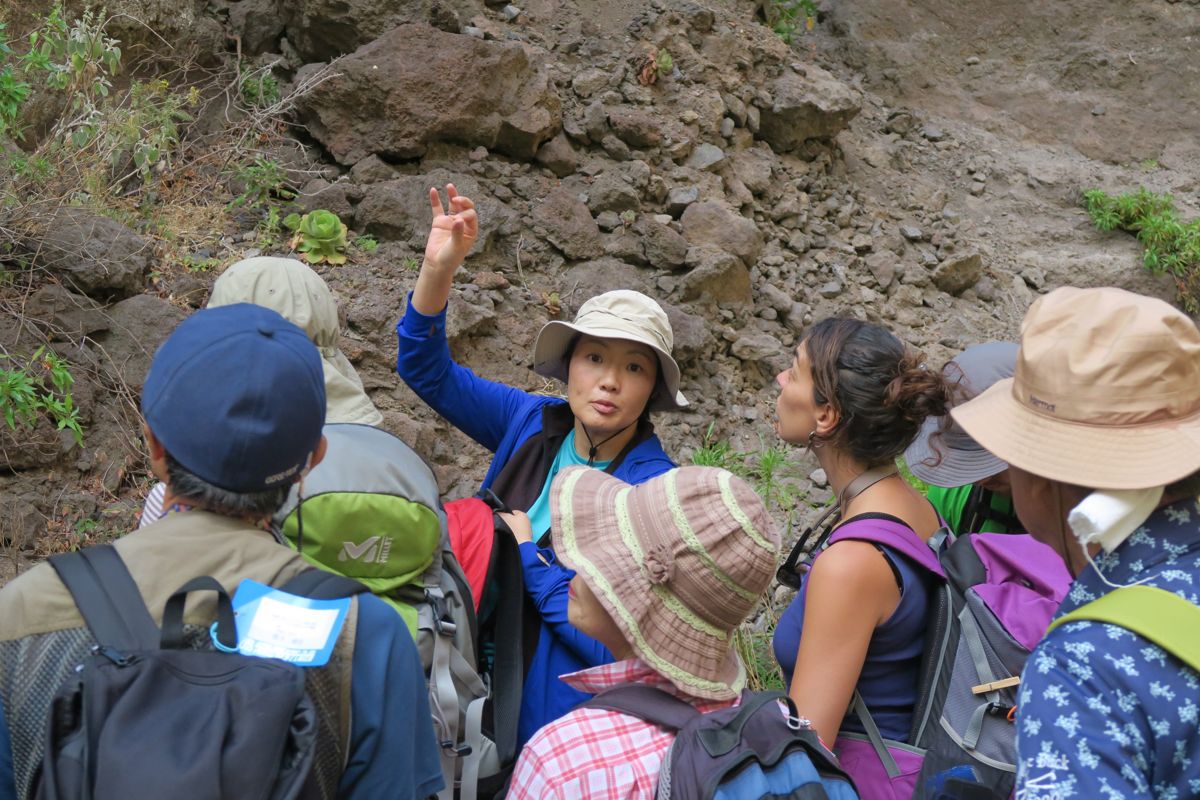 Groupe de randonneurs dans une discussion sur les formations rocheuses de Tenerife.