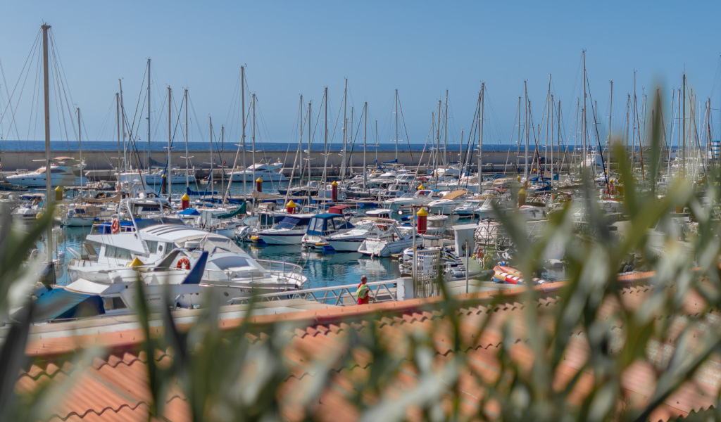 Des bateaux amarrés dans le port de Los Cristianos, à Tenerife, avec la mer en arrière-plan.