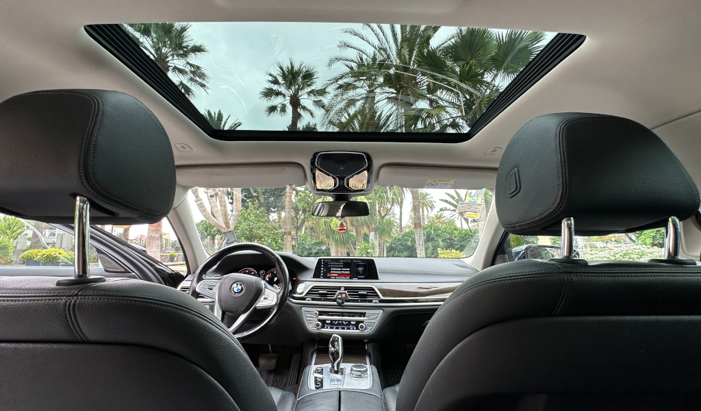 Intérieur d’une voiture au toit panoramique, des palmiers de Tenerife visibles à l’extérieur.