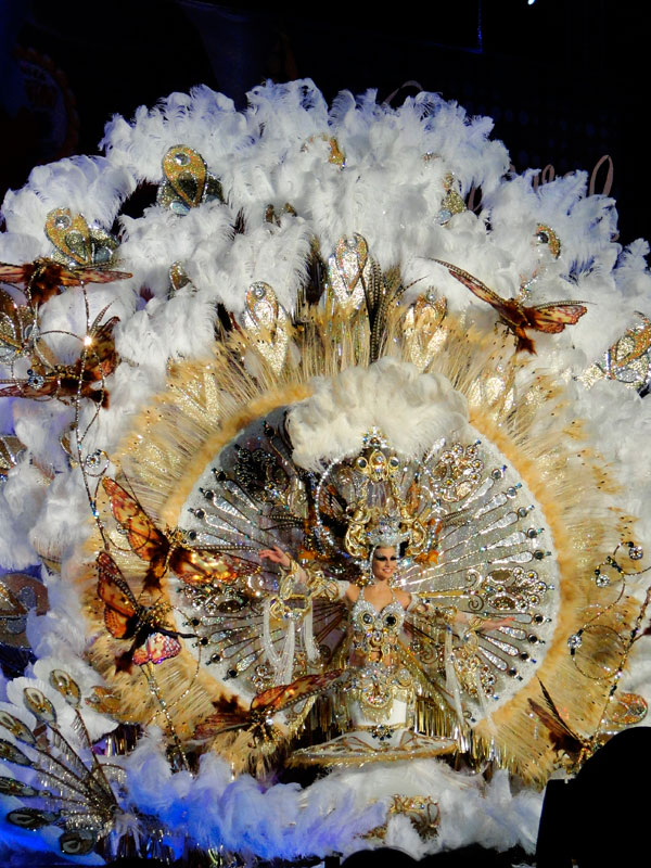 Costume de carnaval avec plumes et papillons à Santa Cruz de Tenerife.