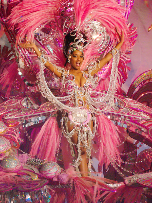 Personne en costume rose et plumes au Carnaval de Santa Cruz de Tenerife.