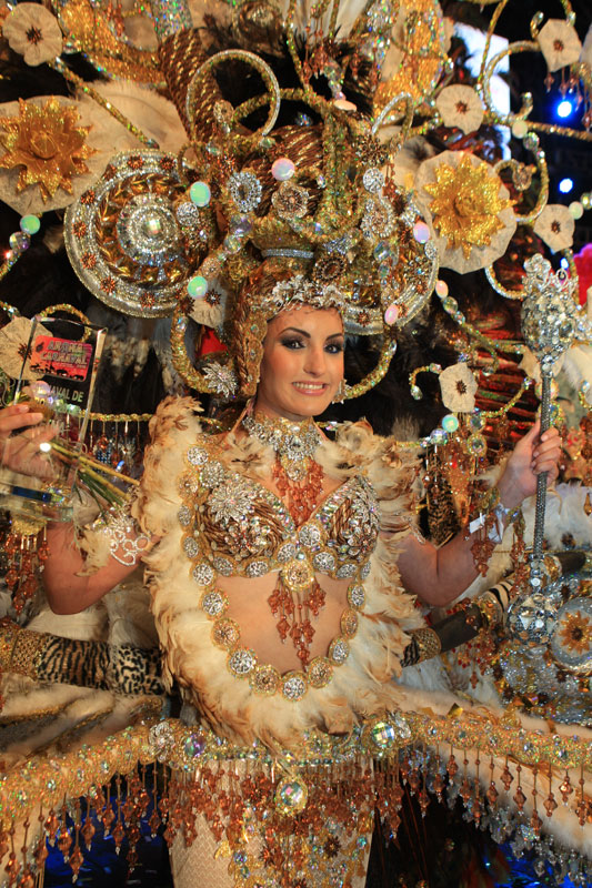 Personne en costume de carnaval détaillé à Tenerife, entourée d’ornements brillants.
