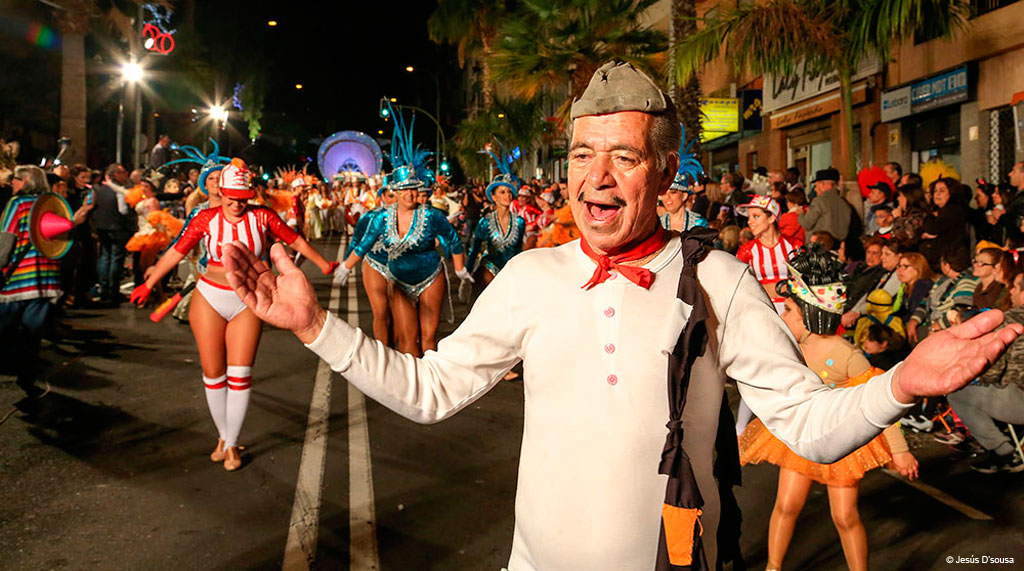 Parade nocturne de carnaval à Santa Cruz de Tenerife avec des costumes colorés.
