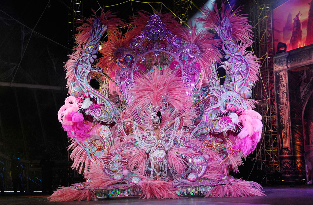 Costume de carnaval coloré avec plumes roses lors d’un événement à Tenerife.
