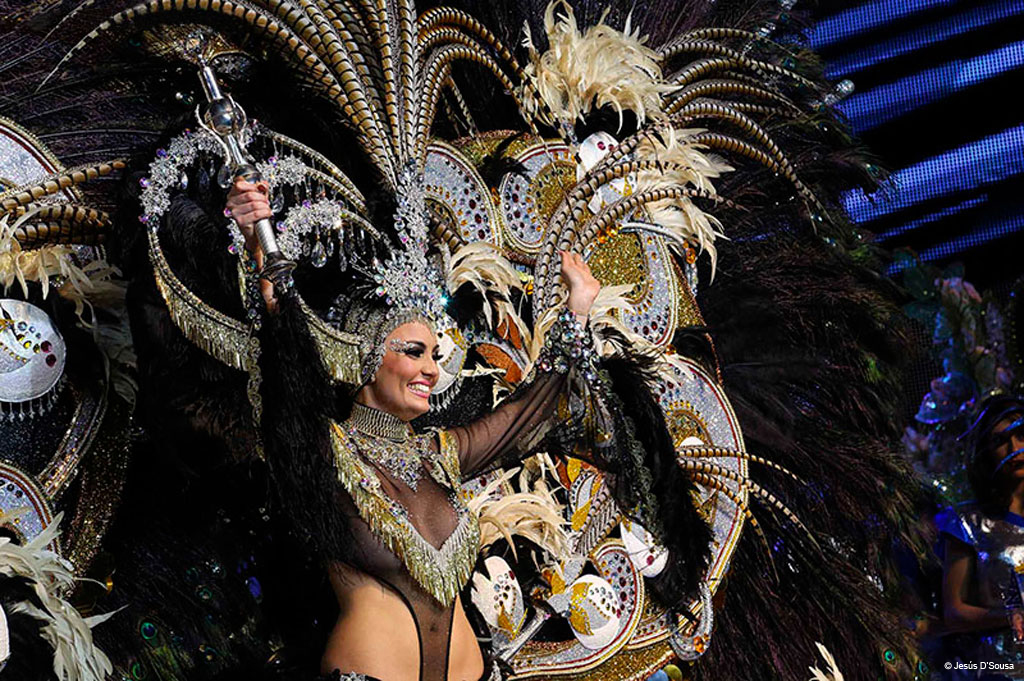 Personne en costume de carnaval et coiffe de plumes à Santa Cruz de Tenerife.