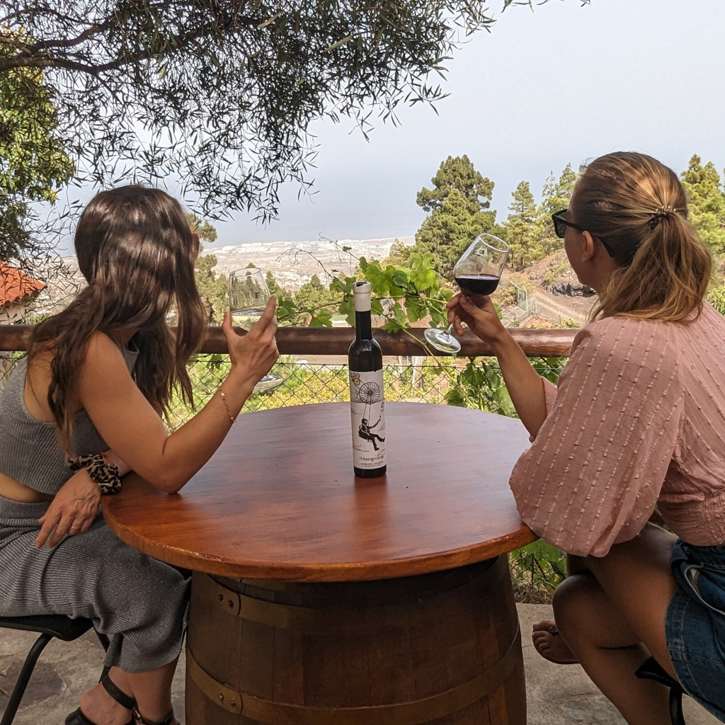Des gens profitant du vin avec vue sur La Laguna, à Tenerife. Bouteille sur la table.