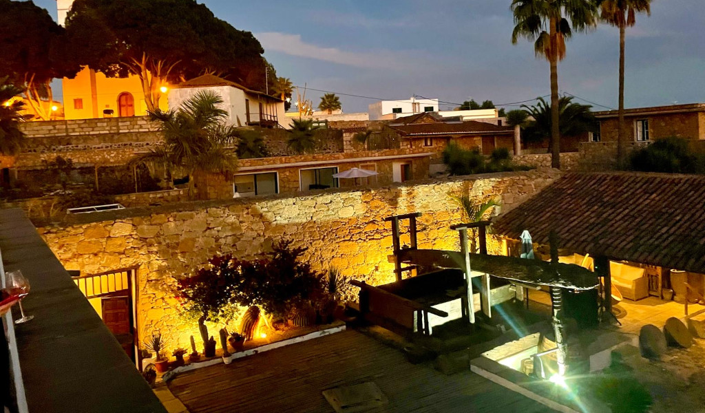 Cour éclairée avec des murs de pierre et de la verdure dans une maison à Tenerife.
