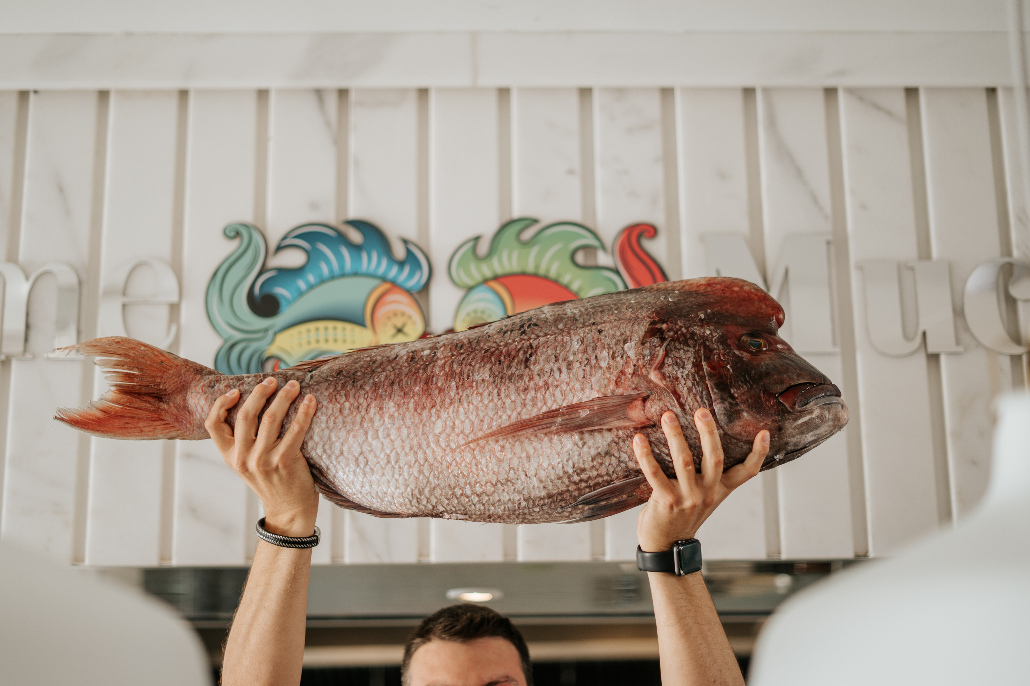 De gros poissons tenus en l’air par une personne, l’arrière-plan décoré de couleurs.